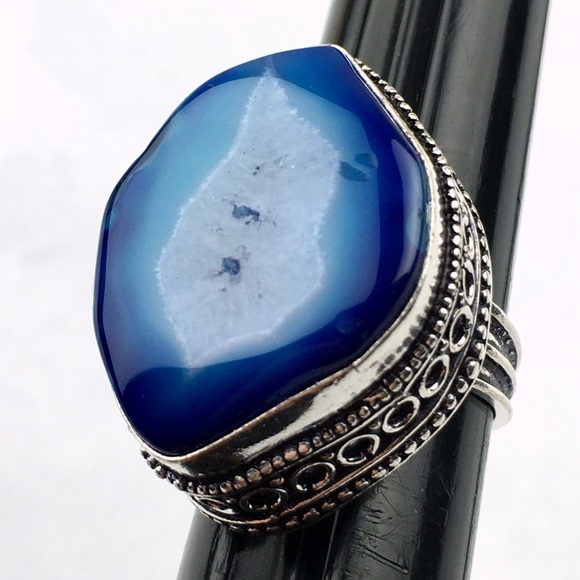 New Blue Solar Quartz Crystal Stone Silver Overlay Ring Size 7 - Picture 2 of 12